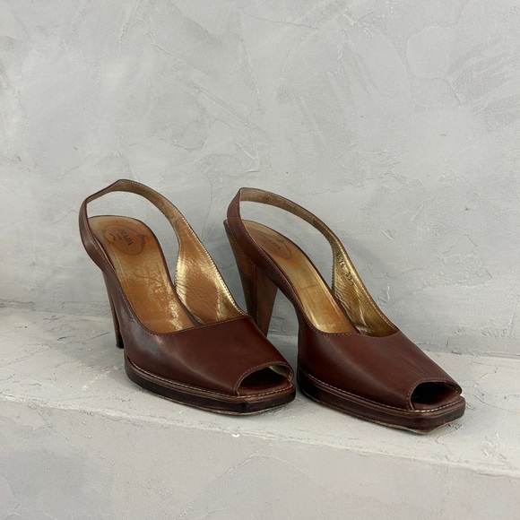 Prada Brown Sling Back Peep Toe Heels Size 39.5 EU - Picture 1 of 8